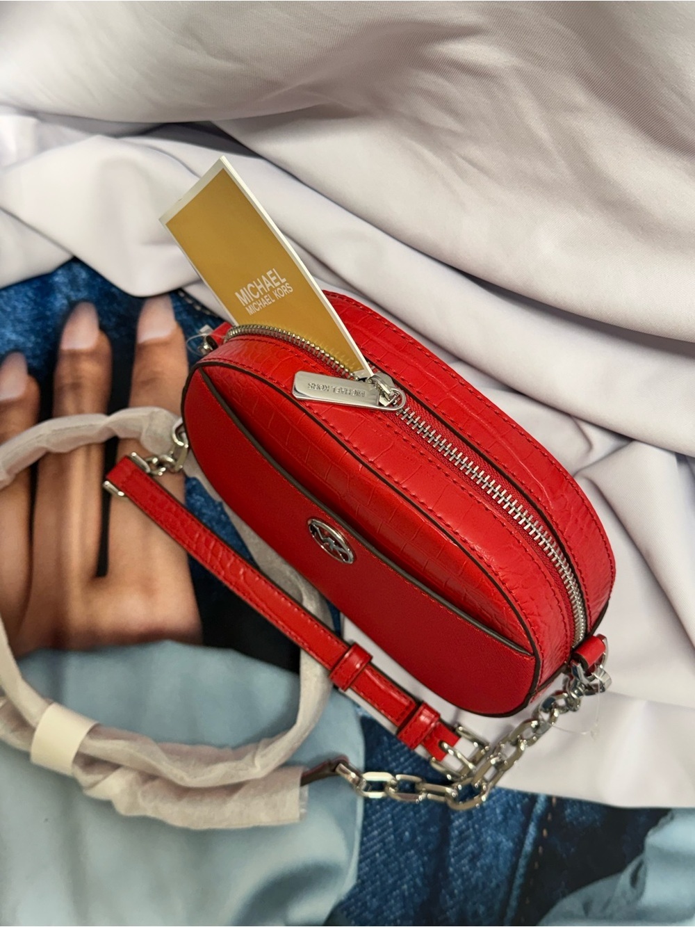 (new+tag) Michael Kors jet set glam oval crossbody fit iPhone Pro Max croc red - Picture 8 of 11